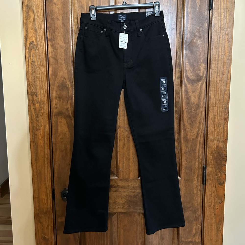 J Crew Women’s Mid-Rise Flare Crop All-Day Stretch Pants Black 27T NWT (A-90)